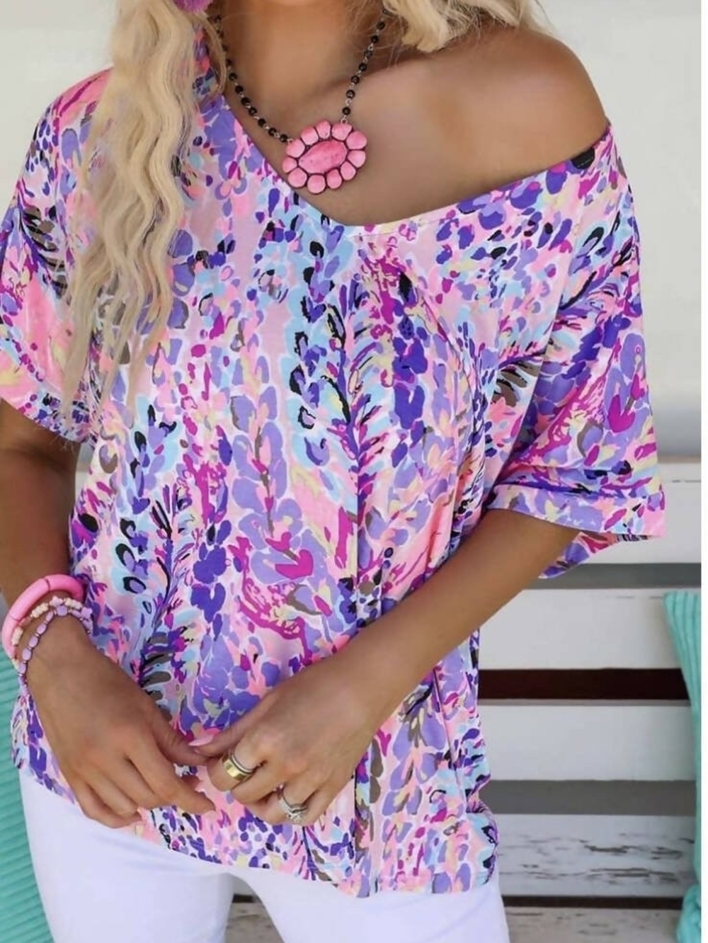 JODIEL Vibrant Abstract Floral Boho Sharkbite Asymmetric Tunic Top S